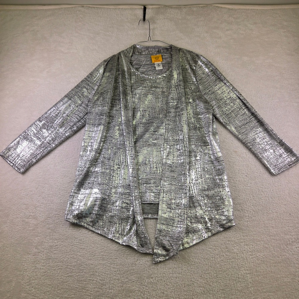 Ruby Rd Silver Metallic Twin Set Cardigan & Rhinestone Shell Top Size M